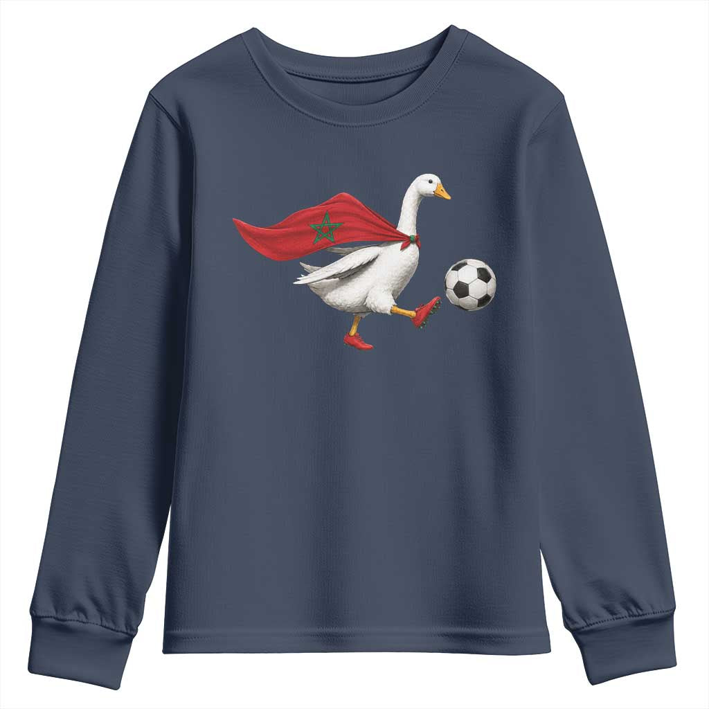 Morocco Soccer Youth Sweatshirt Funny Goose Wearing Moroccan Flag Patriotic Football Fan Graphic