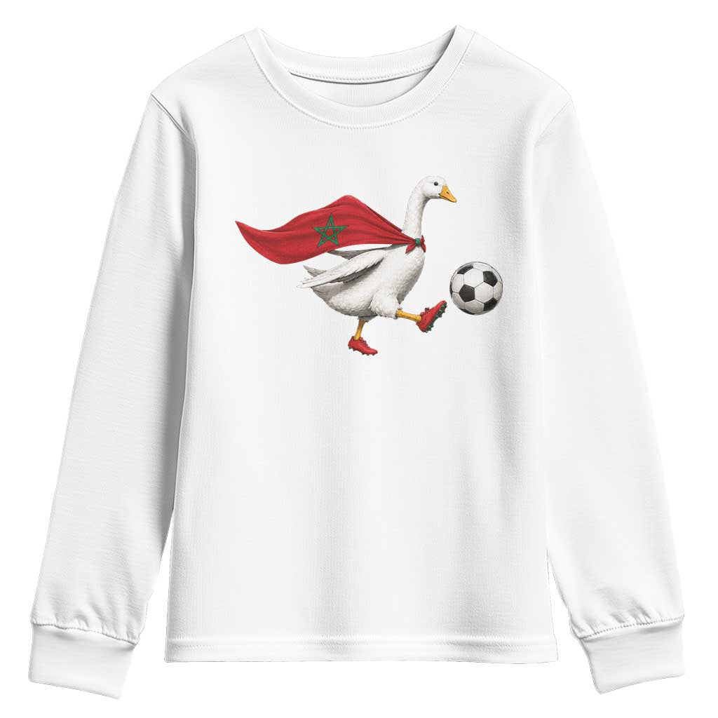 Morocco Soccer Youth Sweatshirt Funny Goose Wearing Moroccan Flag Patriotic Football Fan Graphic