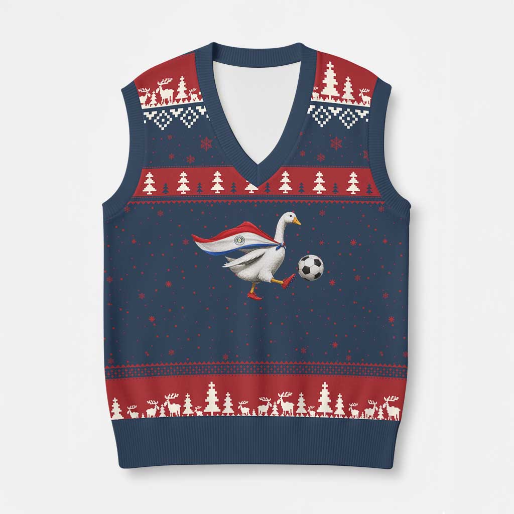 Funny Paraguay Soccer V-Neck Knit Sweater Vest Goose Wearing Paraguayan Flag Patriotic Football Fan Graphic