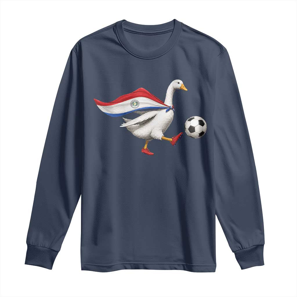 Funny Paraguay Soccer Long Sleeve Shirt Goose Wearing Paraguayan Flag Patriotic Football Fan Graphic