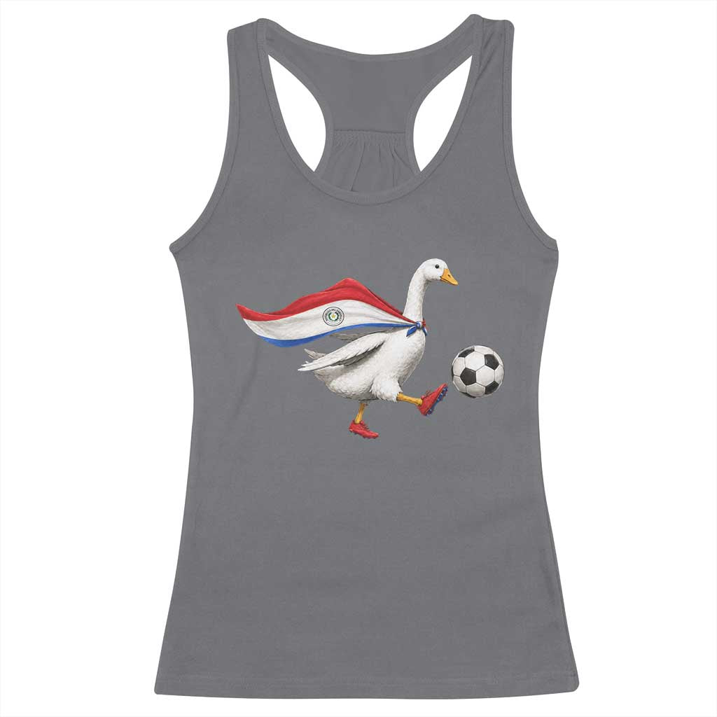 Funny Paraguay Soccer Racerback Tank Top Goose Wearing Paraguayan Flag Patriotic Football Fan Graphic