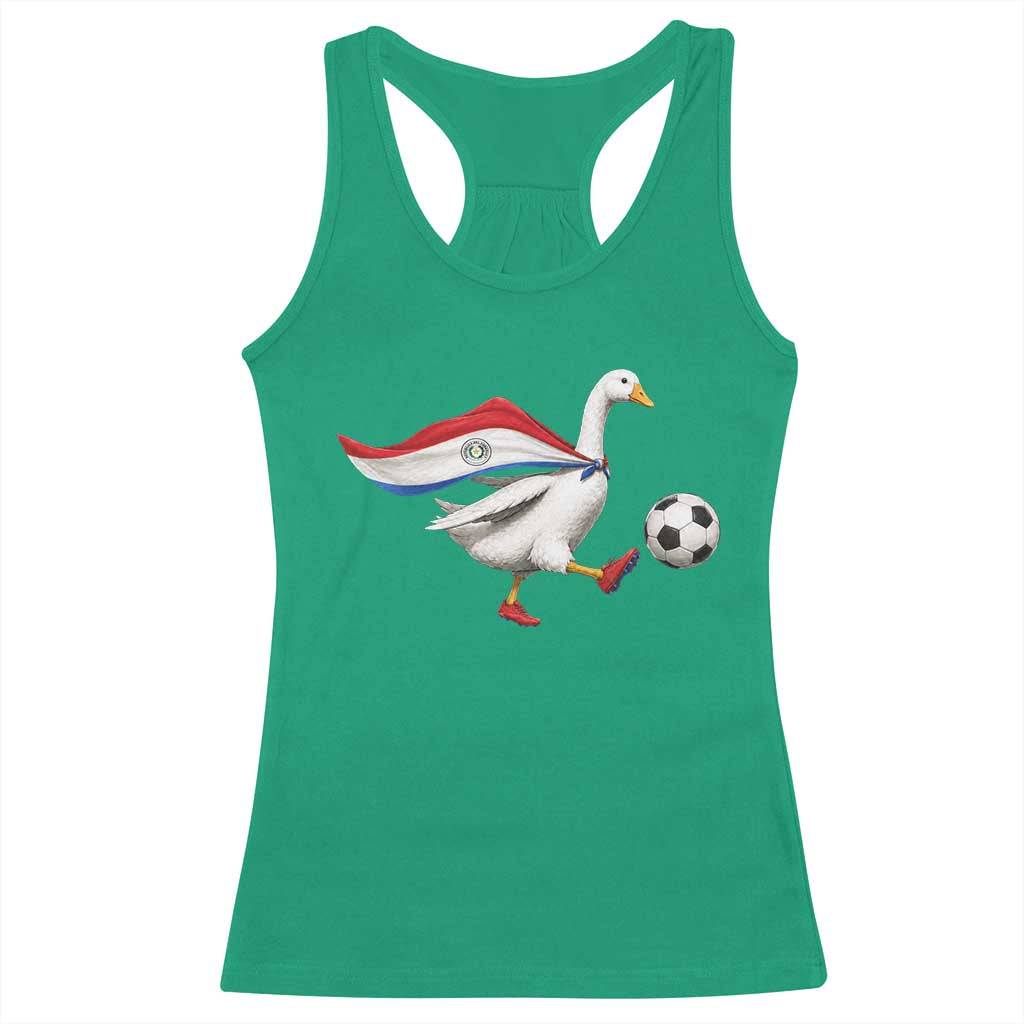 Funny Paraguay Soccer Racerback Tank Top Goose Wearing Paraguayan Flag Patriotic Football Fan Graphic