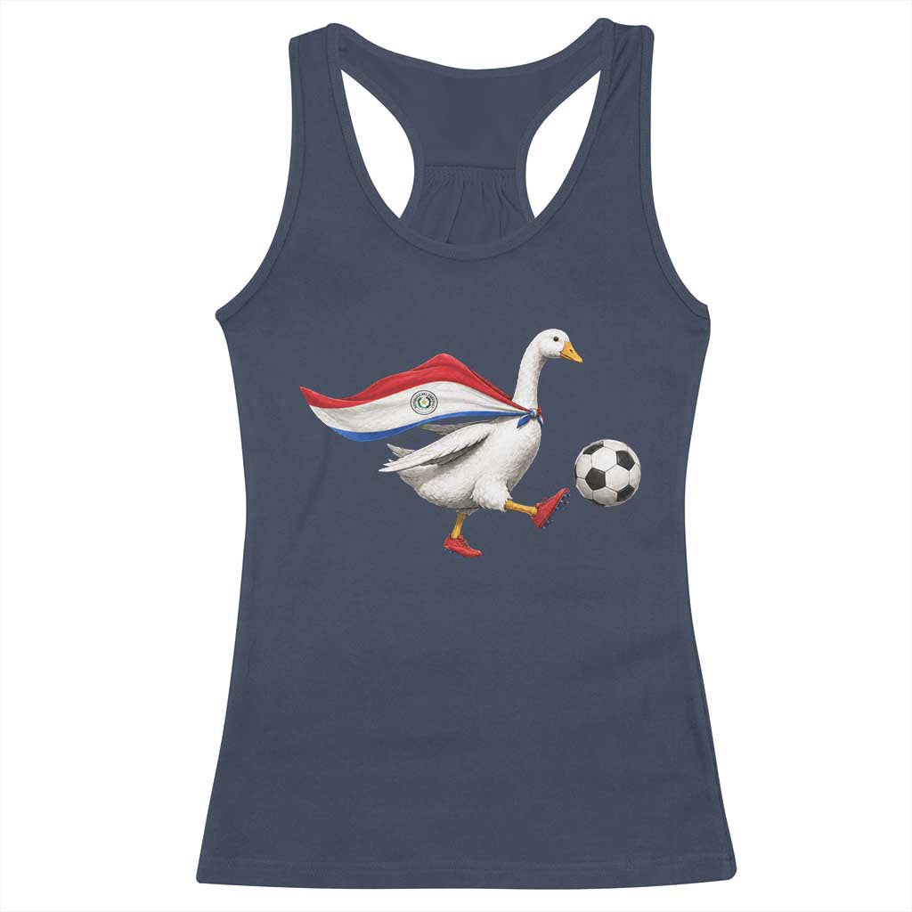 Funny Paraguay Soccer Racerback Tank Top Goose Wearing Paraguayan Flag Patriotic Football Fan Graphic