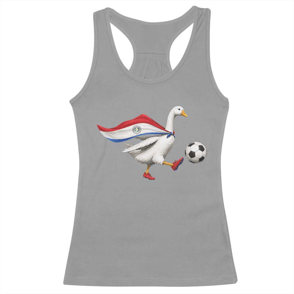 Funny Paraguay Soccer Racerback Tank Top Goose Wearing Paraguayan Flag Patriotic Football Fan Graphic