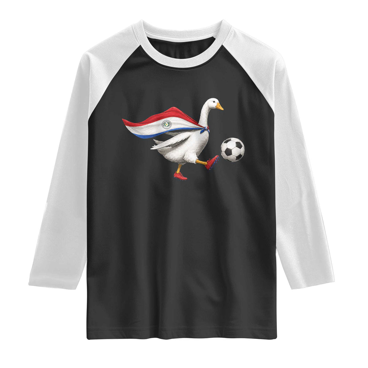 Funny Paraguay Soccer Raglan Shirt Goose Wearing Paraguayan Flag Patriotic Football Fan Graphic