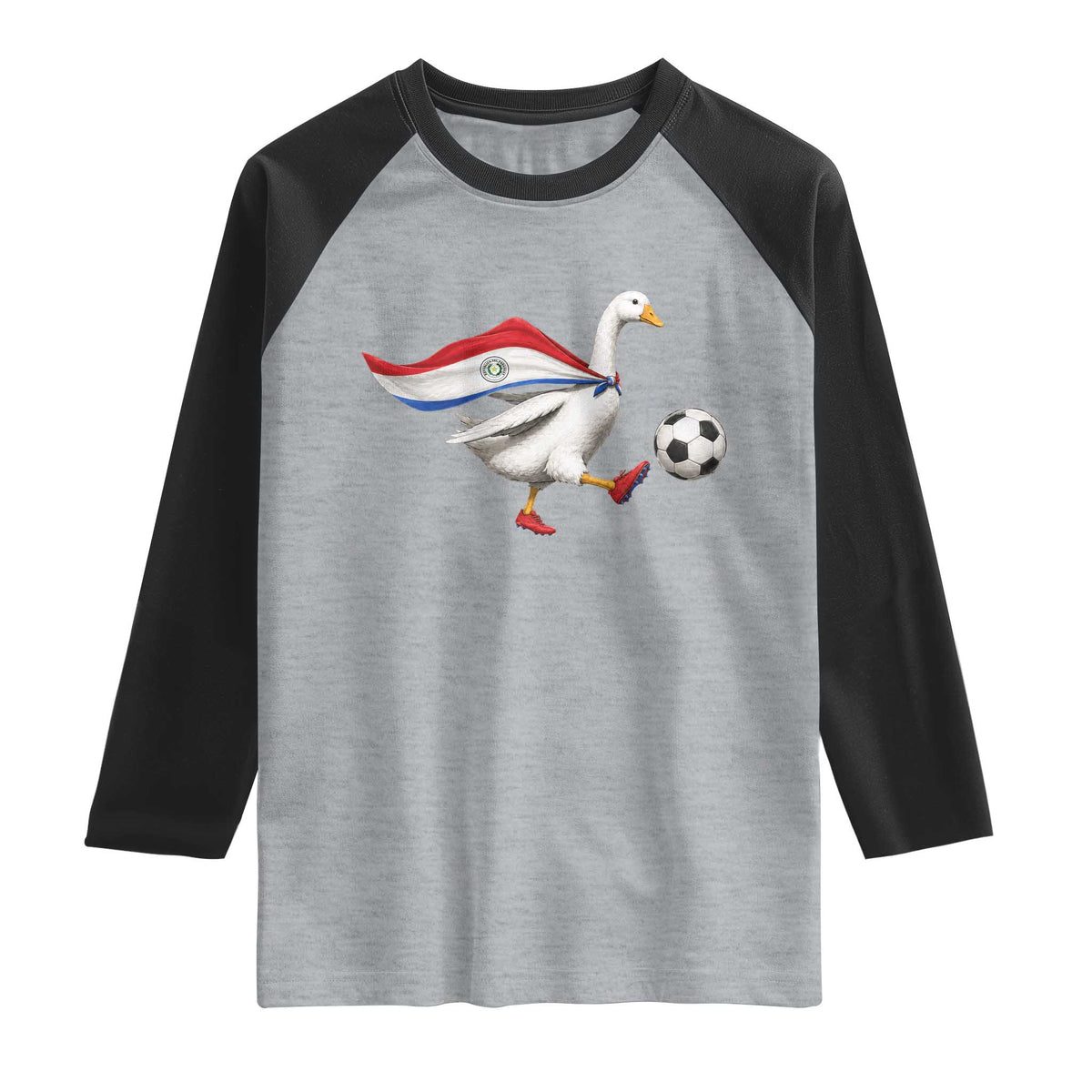 Funny Paraguay Soccer Raglan Shirt Goose Wearing Paraguayan Flag Patriotic Football Fan Graphic