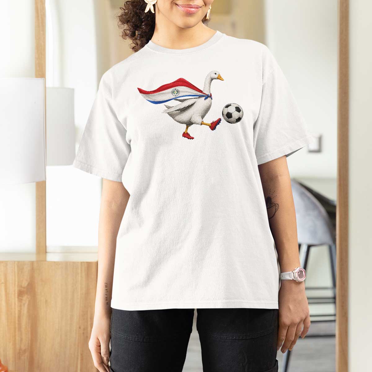 Funny Paraguay Soccer T Shirt For Women Goose Wearing Paraguayan Flag Patriotic Football Fan Graphic