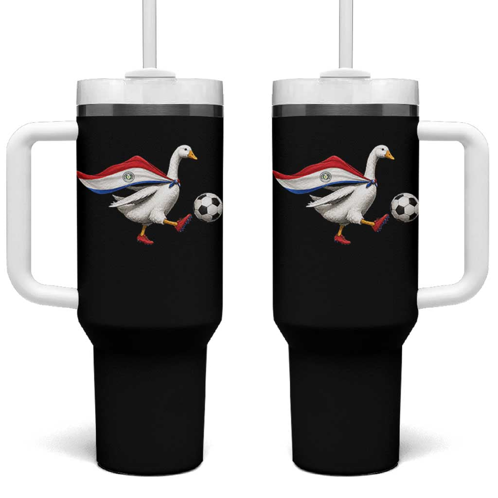 Funny Paraguay Soccer Tumbler With Handle Goose Wearing Paraguayan Flag Patriotic Football Fan Graphic