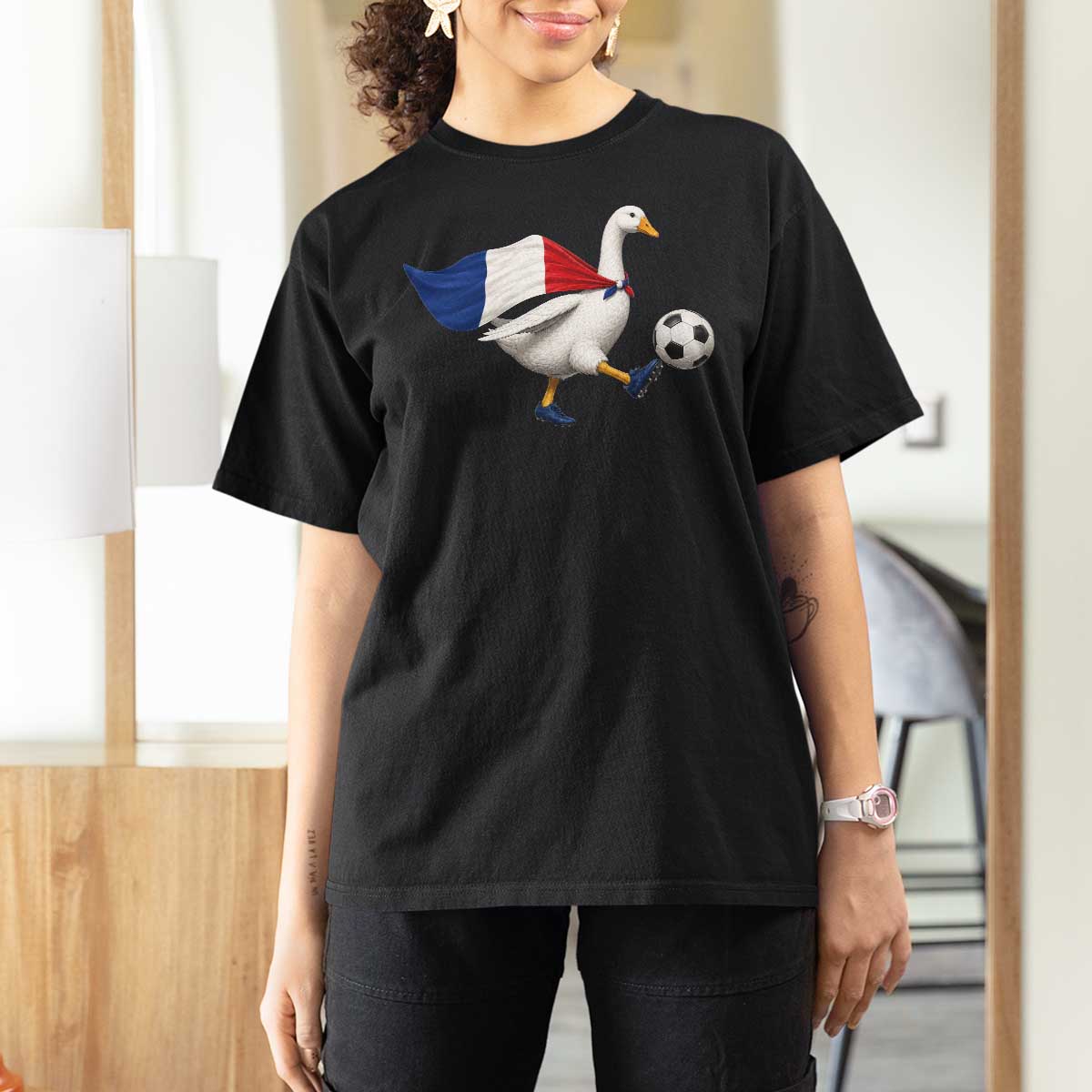 France Soccer Goose T Shirt For Women French Flag Patriotic Football Fan Graphic
