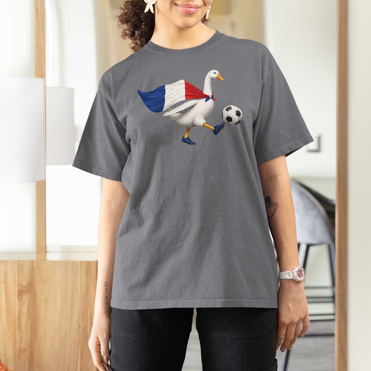 France Soccer Goose T Shirt For Women French Flag Patriotic Football Fan Graphic