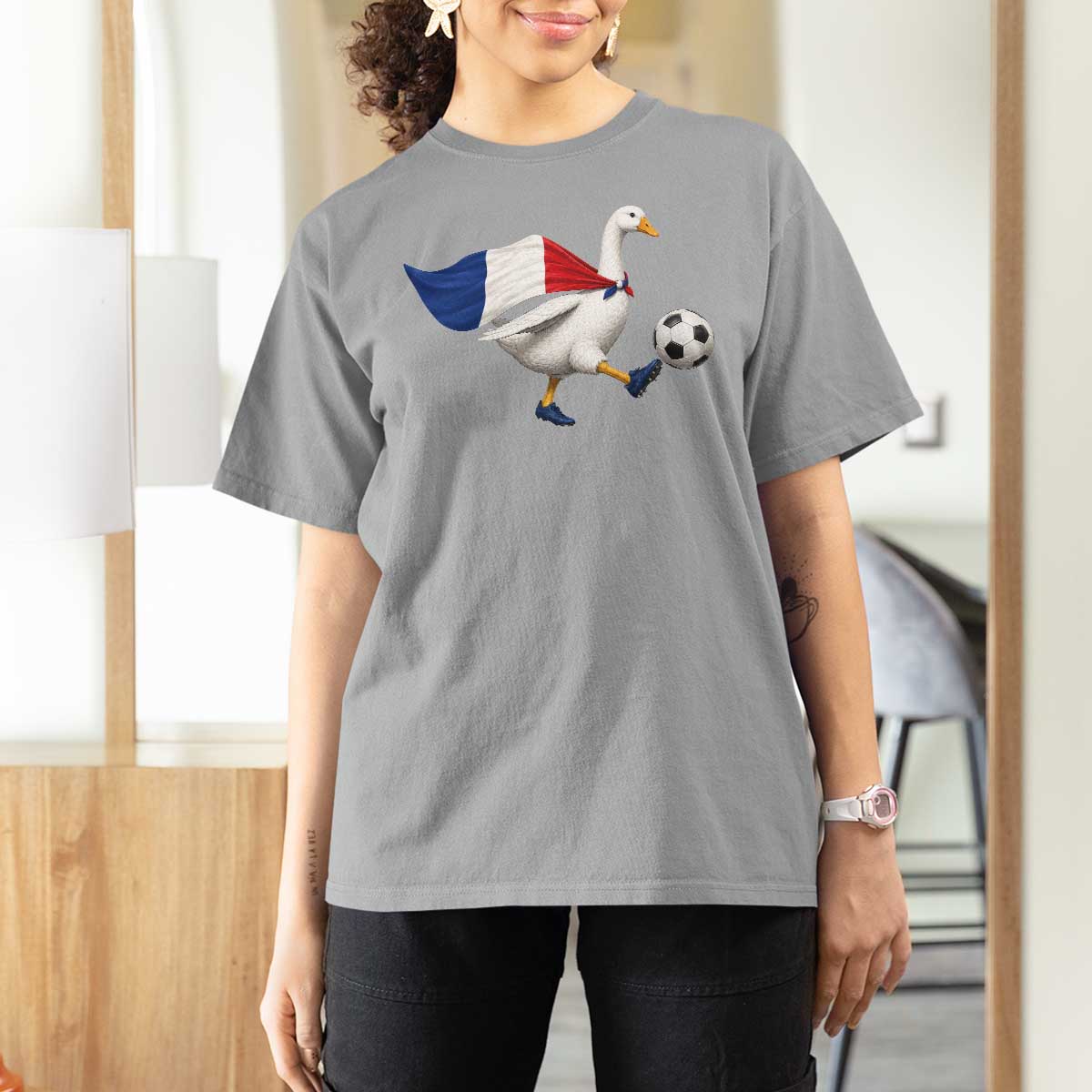 France Soccer Goose T Shirt For Women French Flag Patriotic Football Fan Graphic