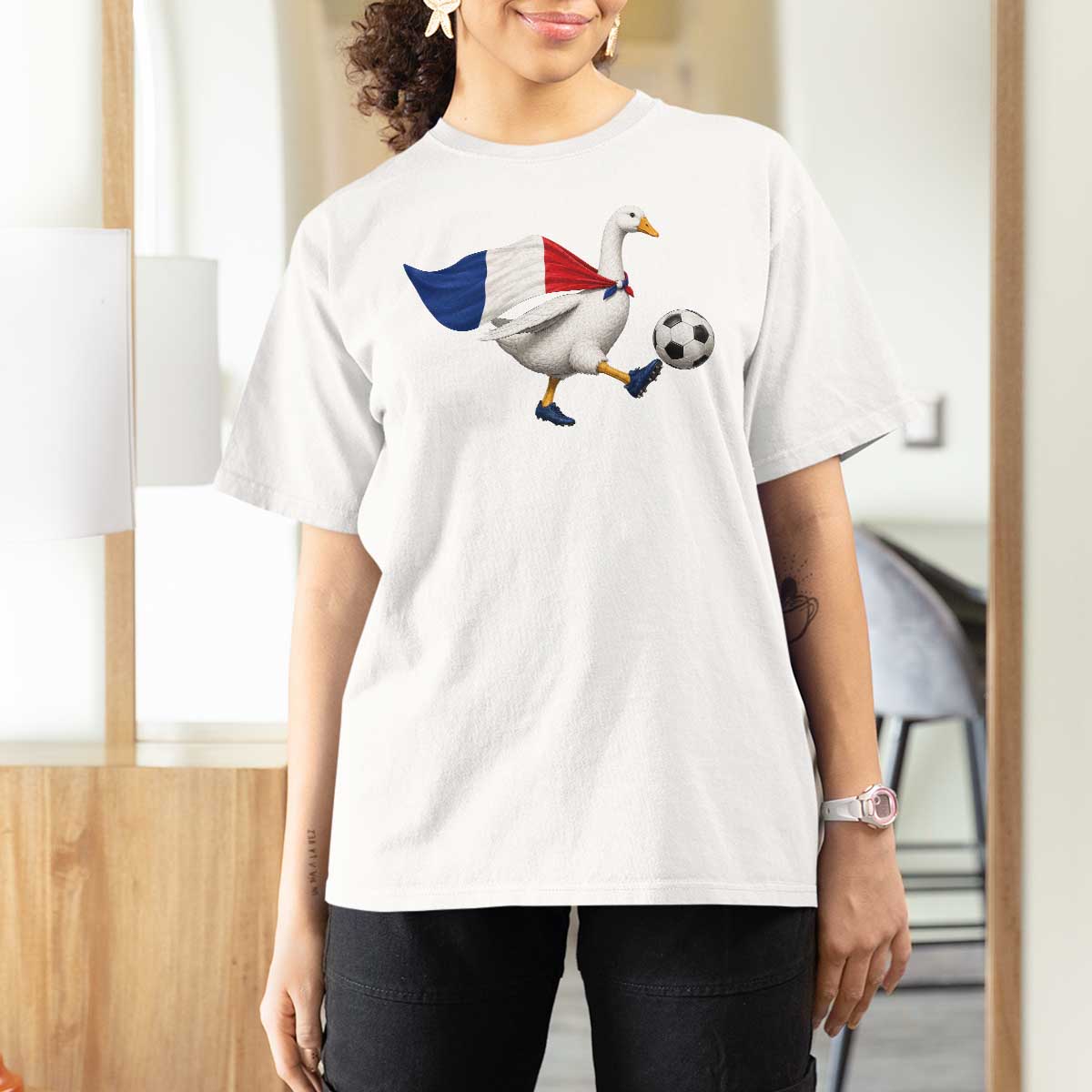 France Soccer Goose T Shirt For Women French Flag Patriotic Football Fan Graphic