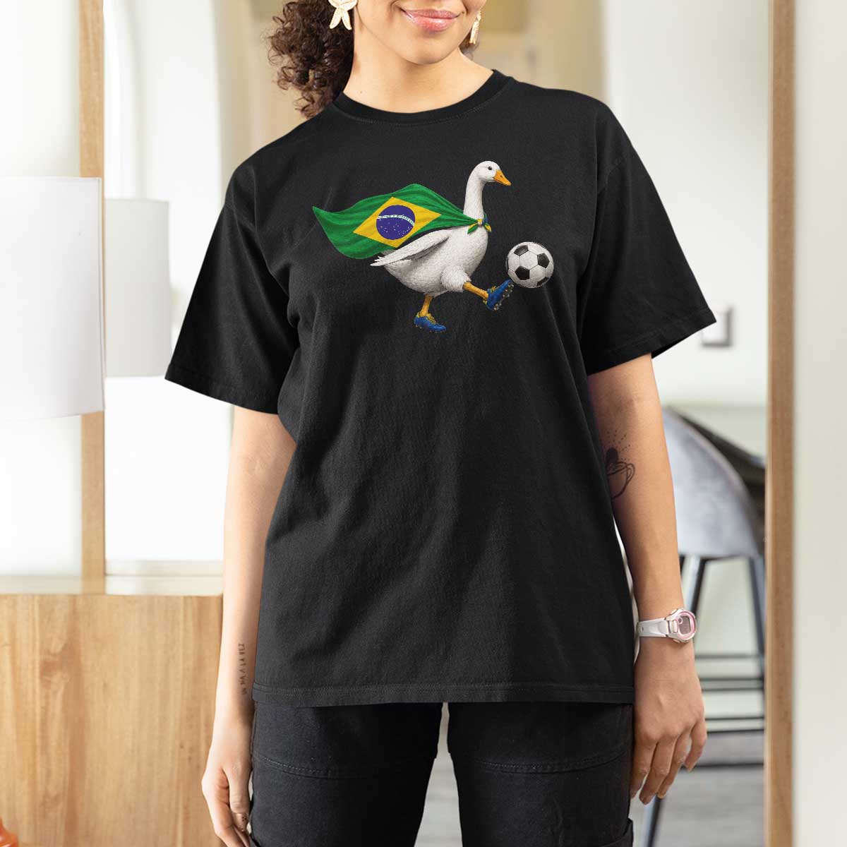 Brazil Soccer Goose T Shirt For Women Brazilian Flag Patriotic Football Fan Graphic