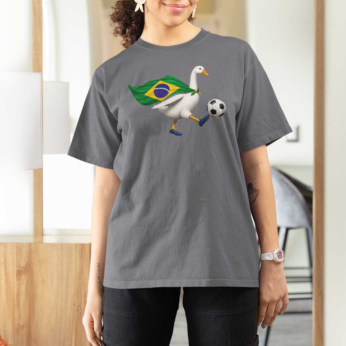 Brazil Soccer Goose T Shirt For Women Brazilian Flag Patriotic Football Fan Graphic