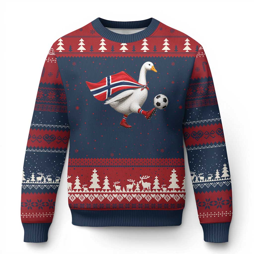 Norway Soccer Goose Ugly Christmas Sweater Norwegian Flag Patriotic Football Fan Graphic