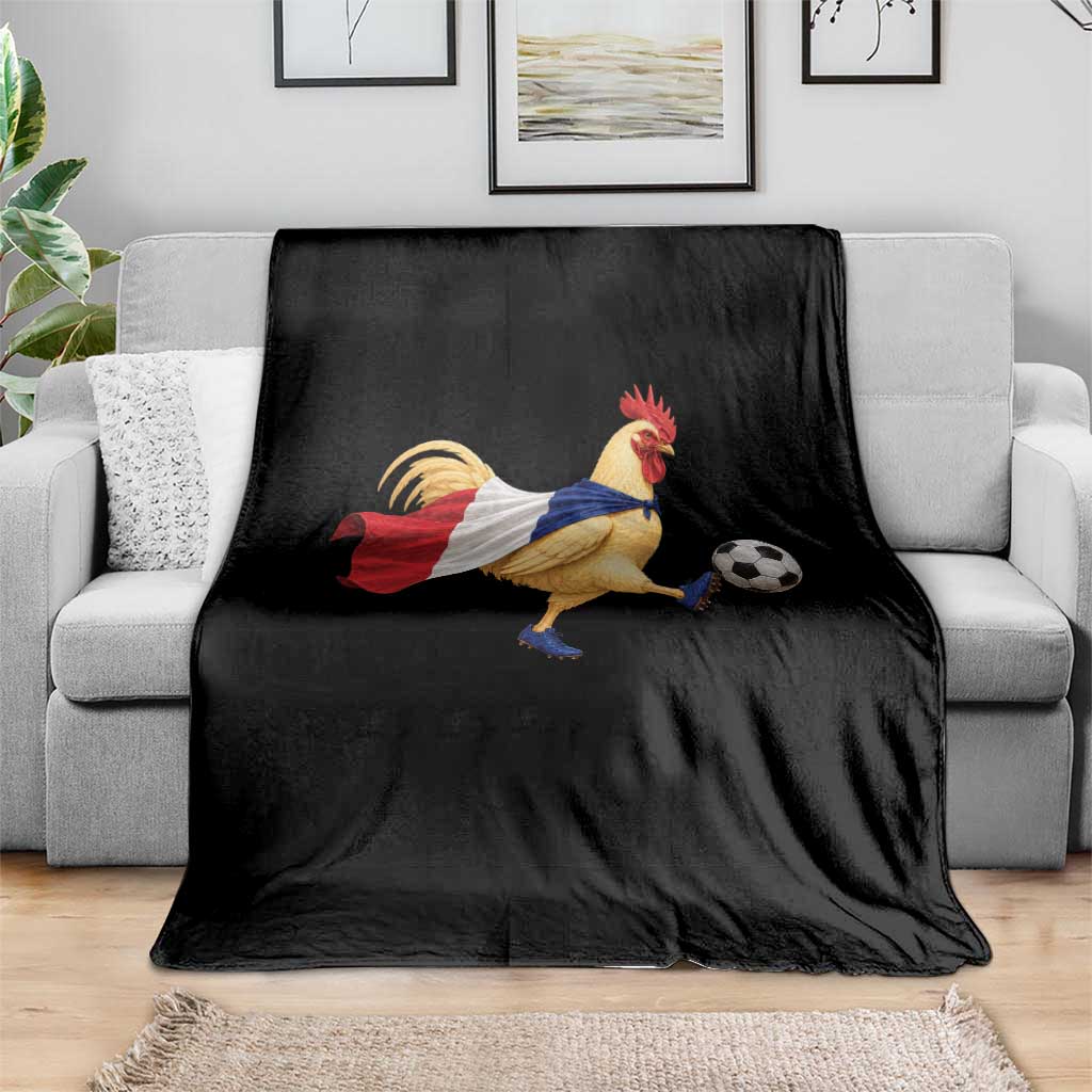 Funny France Soccer Throw Blanket Rooster Wearing French Flag Patriotic Football Fan Graphic