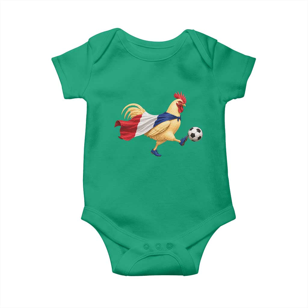Funny France Soccer Baby Onesie Rooster Wearing French Flag Patriotic Football Fan Graphic