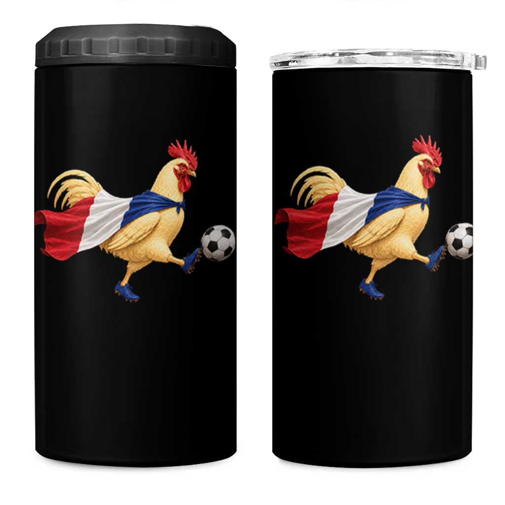 Funny France Soccer 4 in 1 Can Cooler Tumbler Rooster Wearing French Flag Patriotic Football Fan Graphic