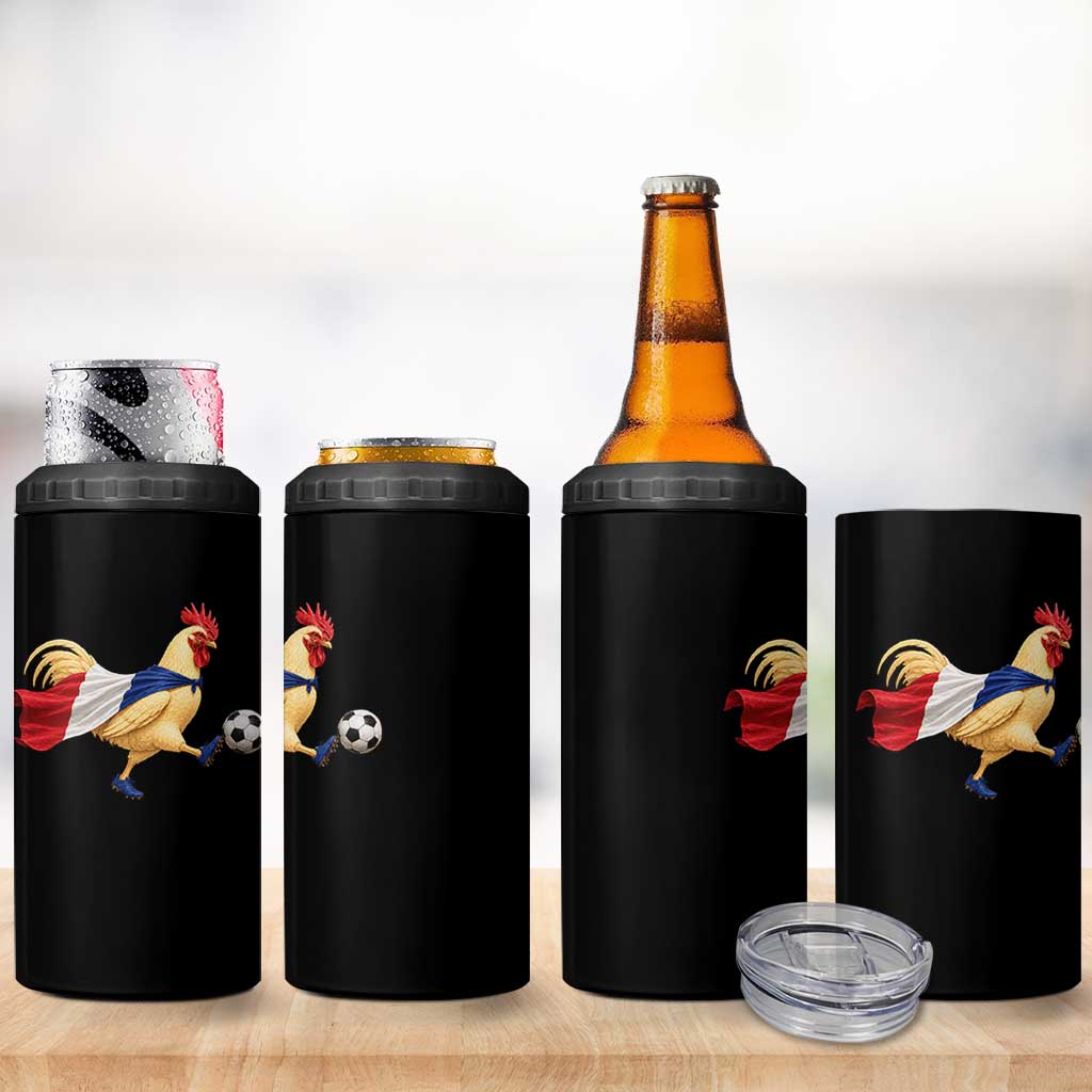 Funny France Soccer 4 in 1 Can Cooler Tumbler Rooster Wearing French Flag Patriotic Football Fan Graphic