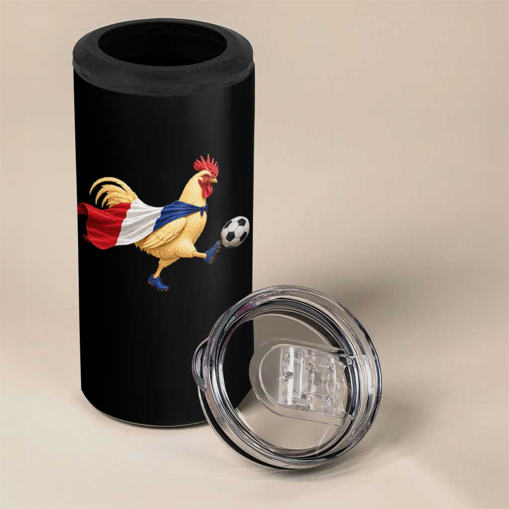 Funny France Soccer 4 in 1 Can Cooler Tumbler Rooster Wearing French Flag Patriotic Football Fan Graphic