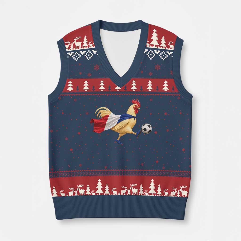 Funny France Soccer V-Neck Knit Sweater Vest Rooster Wearing French Flag Patriotic Football Fan Graphic