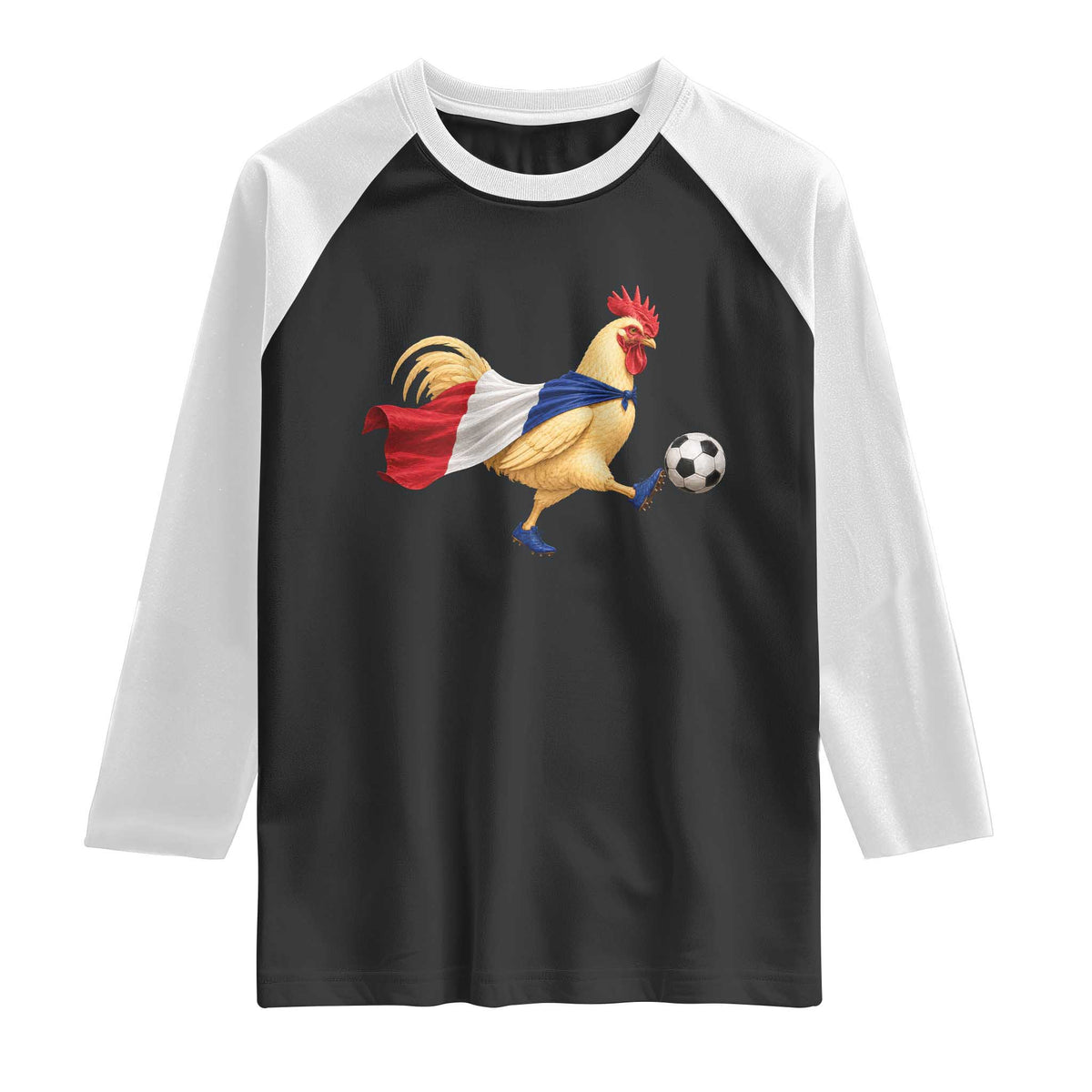 Funny France Soccer Raglan Shirt Rooster Wearing French Flag Patriotic Football Fan Graphic