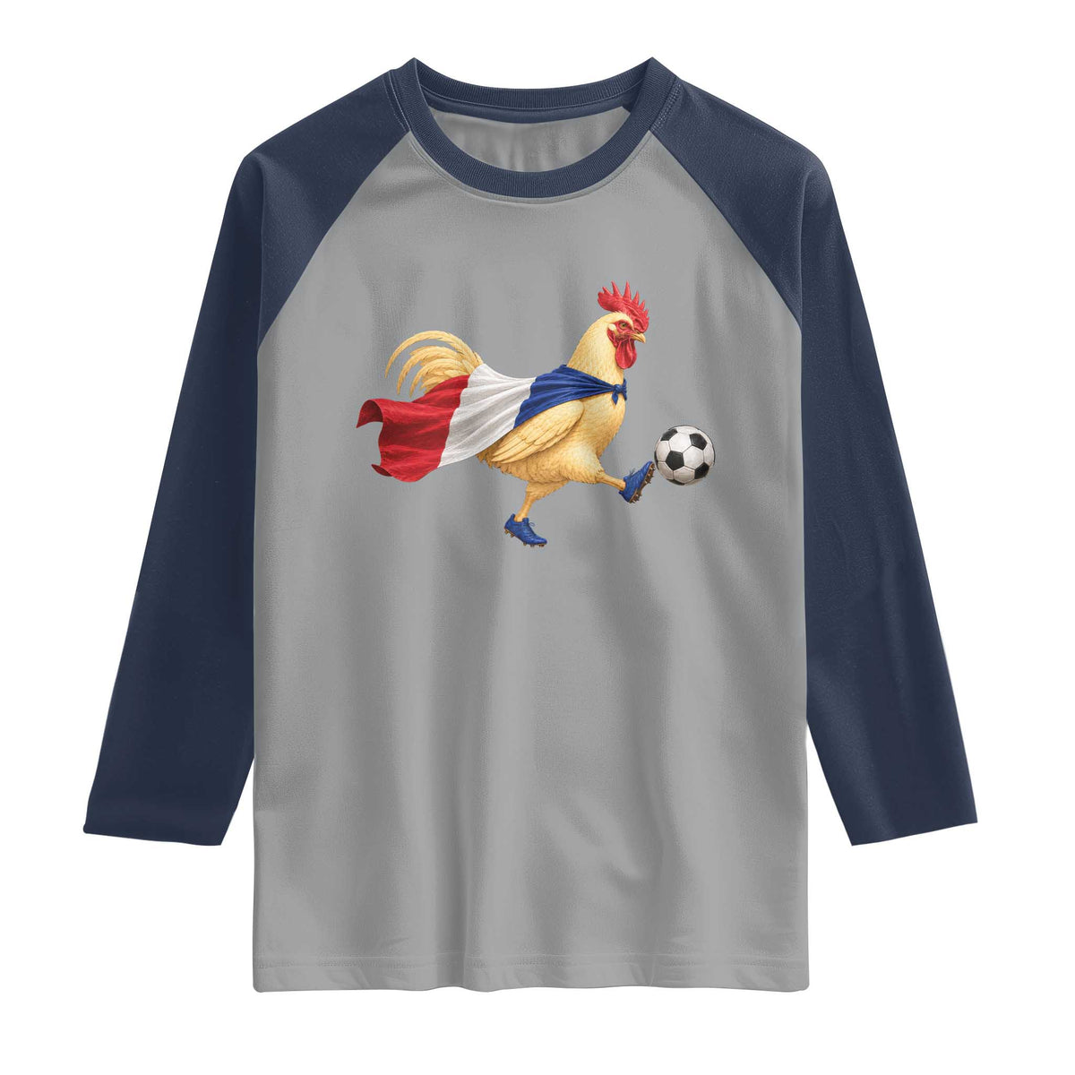 Funny France Soccer Raglan Shirt Rooster Wearing French Flag Patriotic Football Fan Graphic