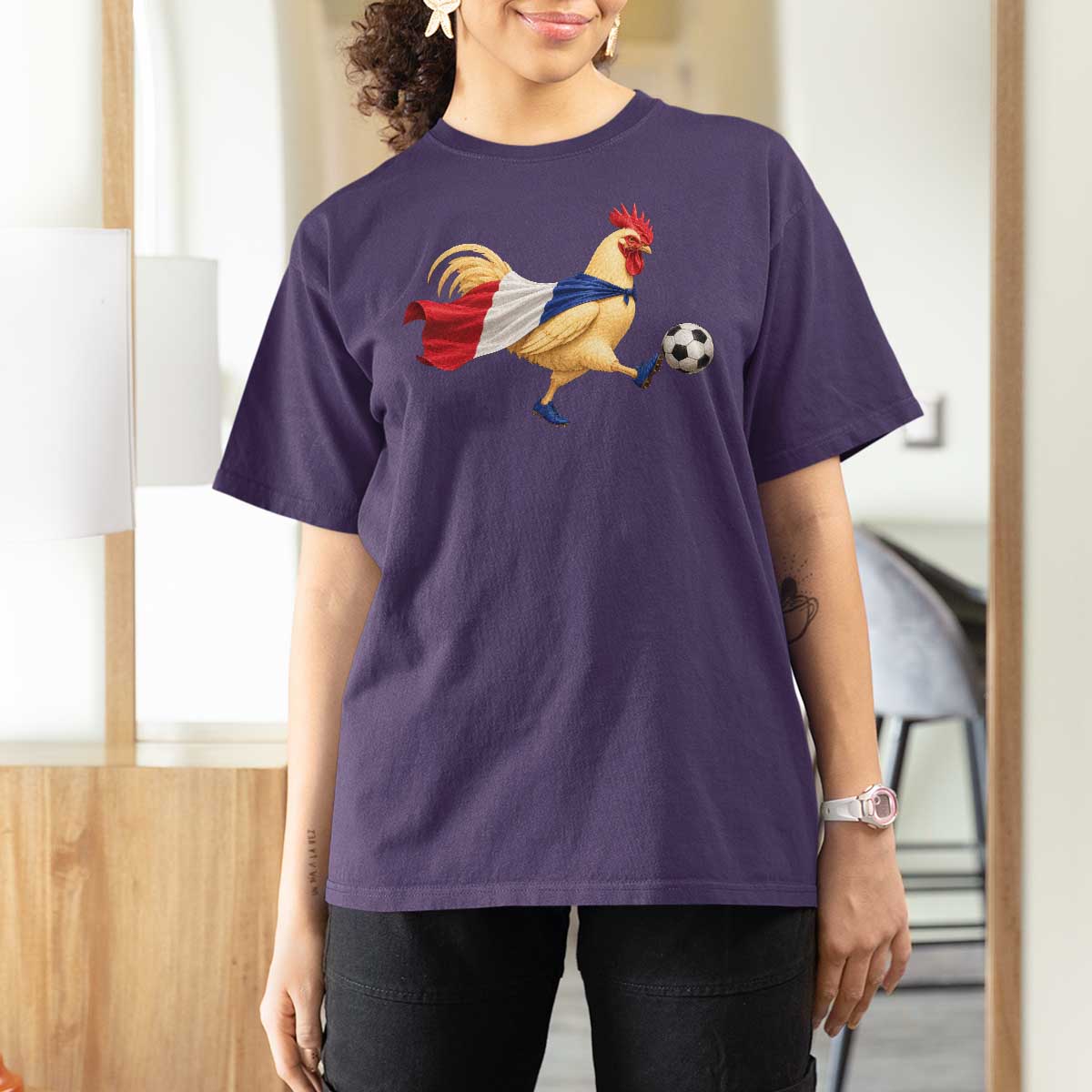 Funny France Soccer T Shirt For Women Rooster Wearing French Flag Patriotic Football Fan Graphic