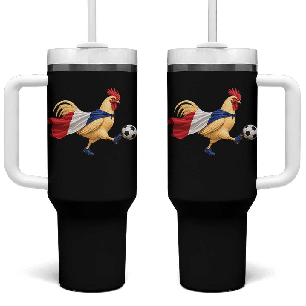 Funny France Soccer Tumbler With Handle Rooster Wearing French Flag Patriotic Football Fan Graphic