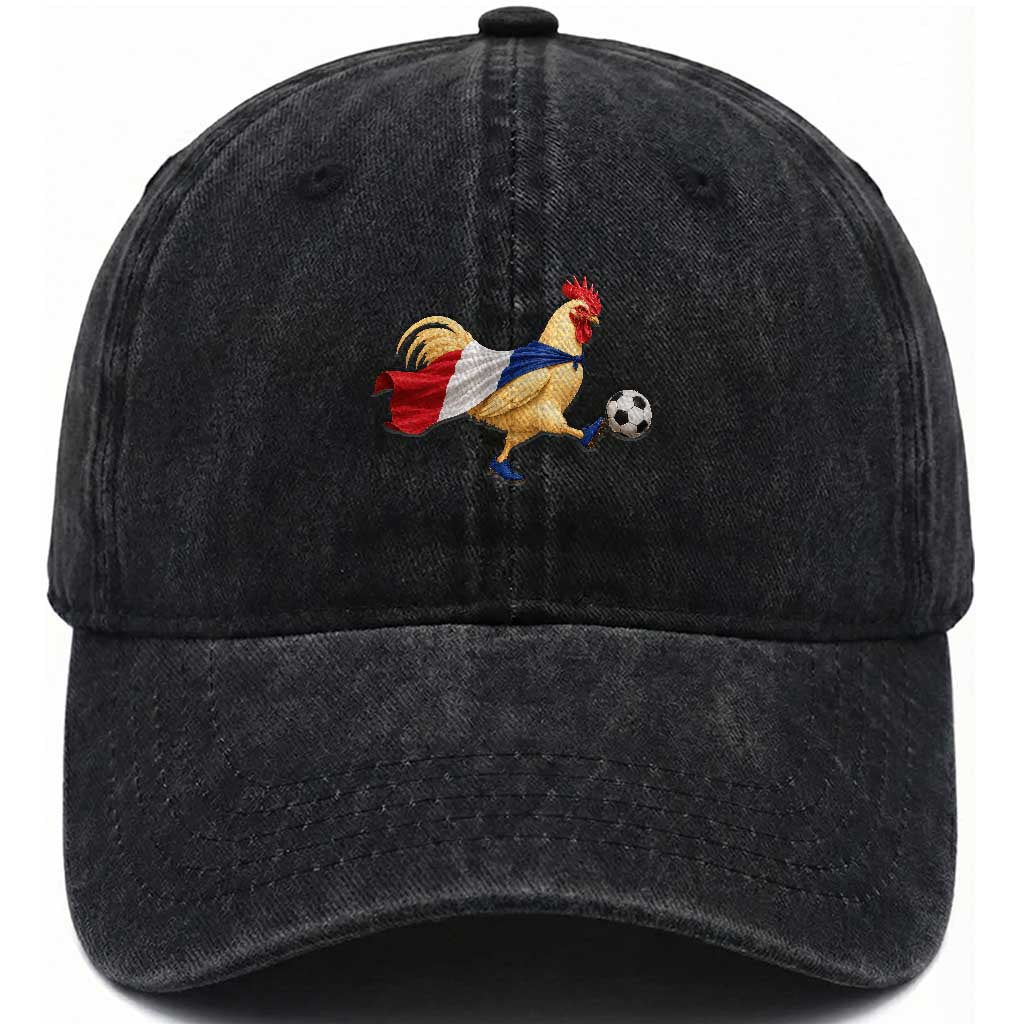 Funny France Soccer Washed Cotton Baseball Cap Rooster Wearing French Flag Patriotic Football Fan Graphic