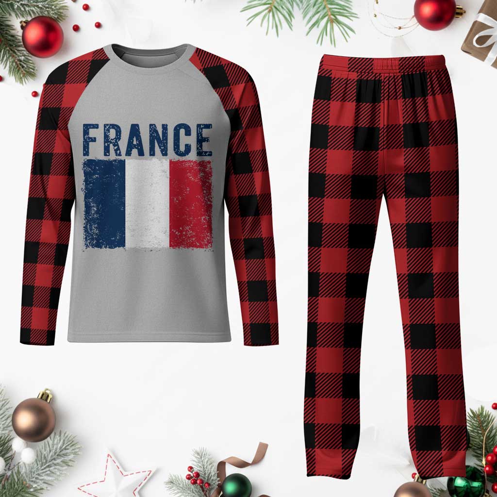 Vintage France Flag Distressed French Pride Patriotic Soccer Fan Graphic Plaid Pajama Set