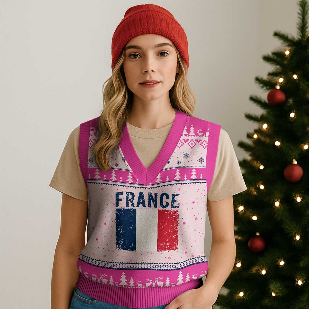 Vintage France Flag Distressed French Pride Patriotic Soccer Fan Graphic V-Neck Knit Sweater Vest