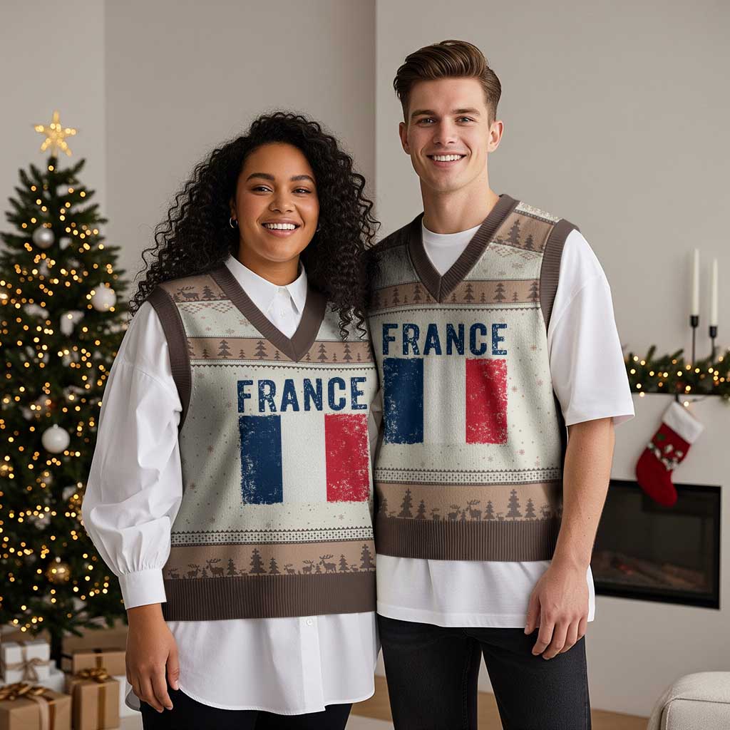 Vintage France Flag Distressed French Pride Patriotic Soccer Fan Graphic V-Neck Knit Sweater Vest