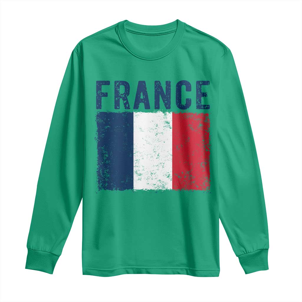 Vintage France Flag Distressed French Pride Patriotic Soccer Fan Graphic Long Sleeve Shirt