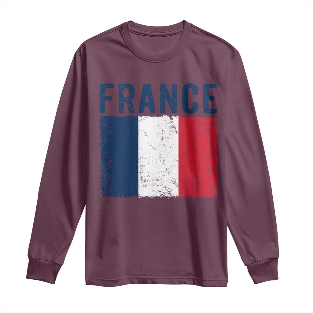 Vintage France Flag Distressed French Pride Patriotic Soccer Fan Graphic Long Sleeve Shirt