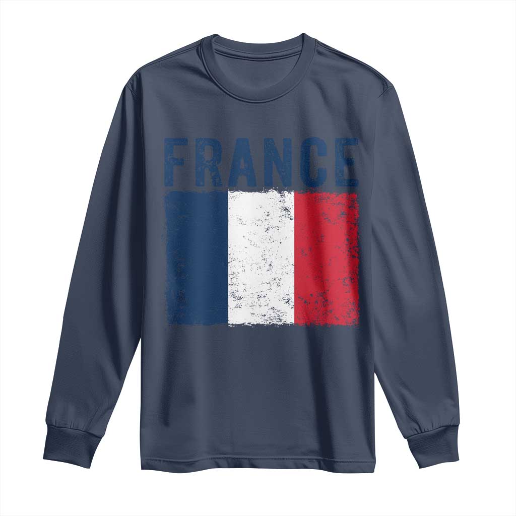 Vintage France Flag Distressed French Pride Patriotic Soccer Fan Graphic Long Sleeve Shirt