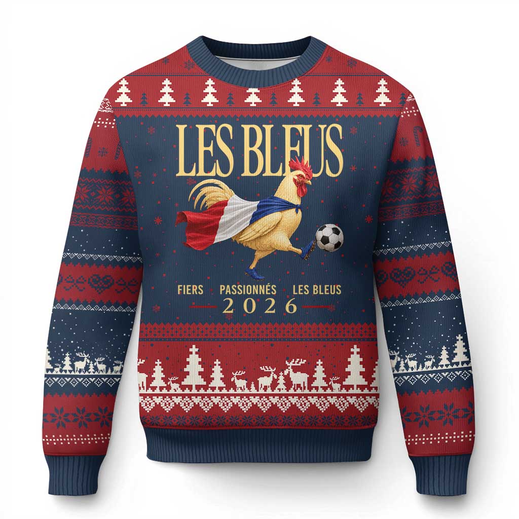 Les Bleus 2026 France Soccer Ugly Christmas Sweater Rooster Wearing French Flag Patriotic Football Fan Graphic