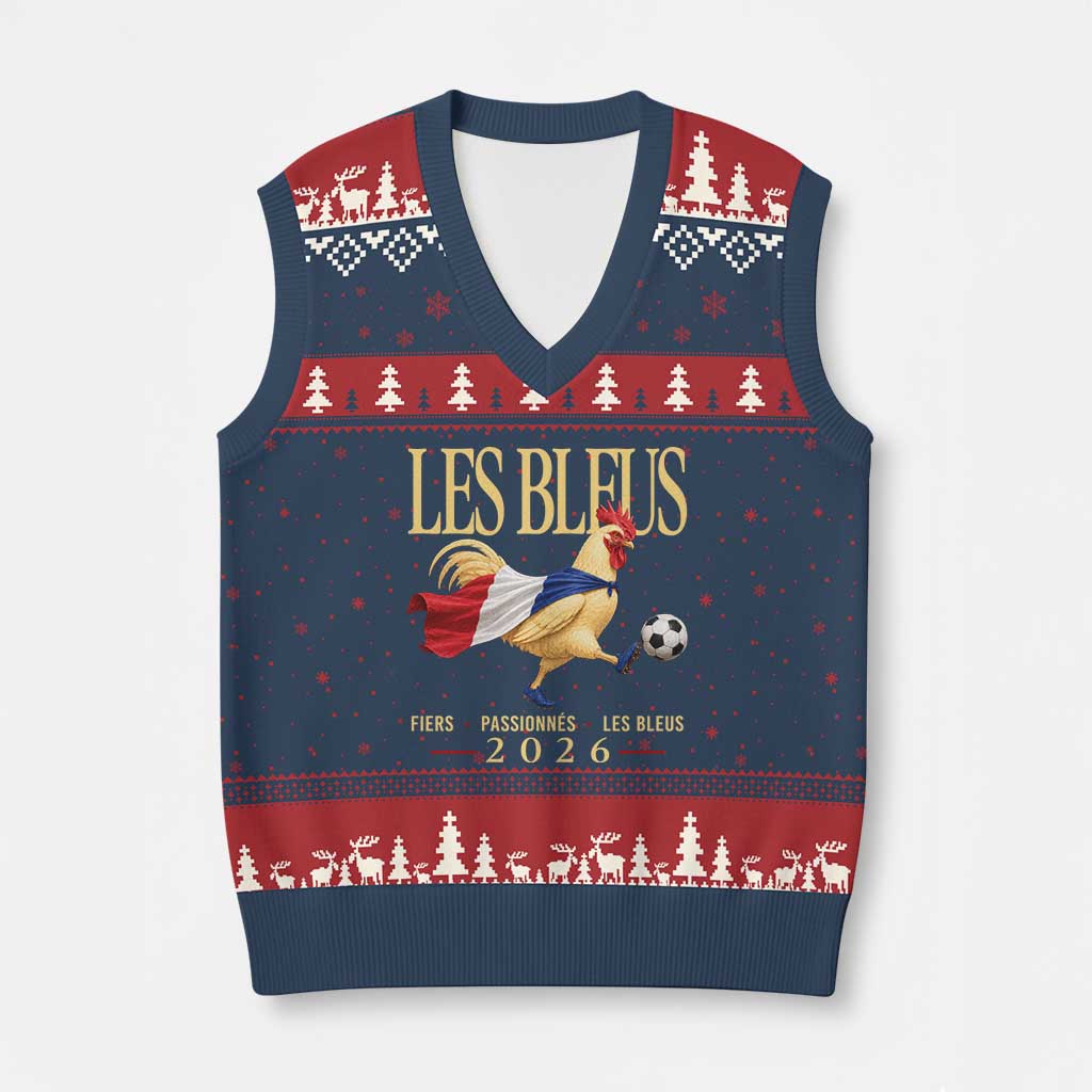 Les Bleus 2026 France Soccer V-Neck Knit Sweater Vest Rooster Wearing French Flag Patriotic Football Fan Graphic