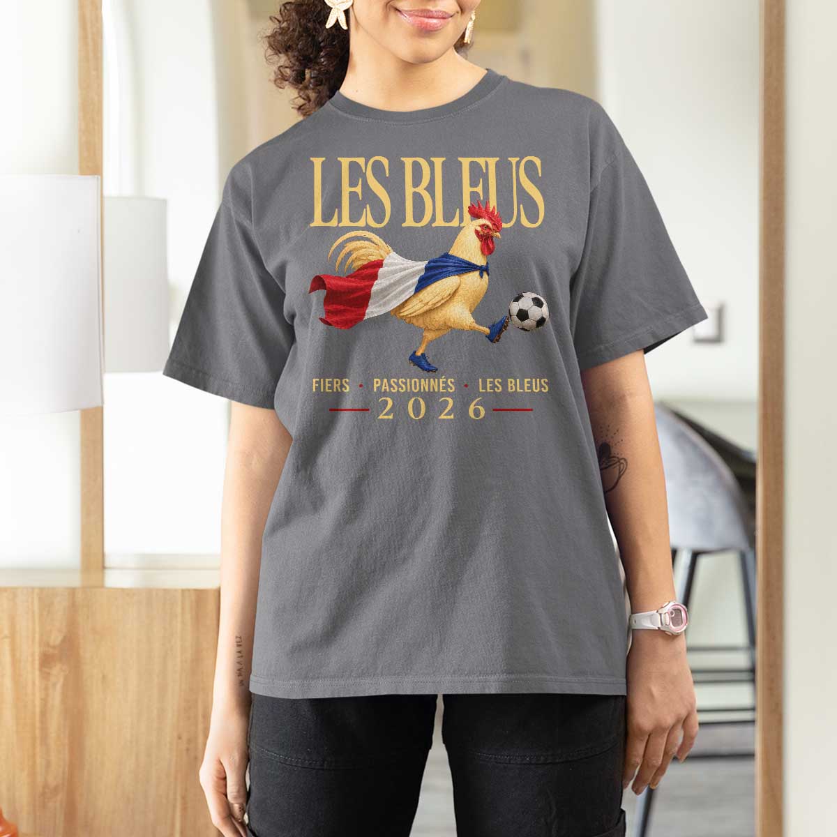 Les Bleus 2026 France Soccer T Shirt For Women Rooster Wearing French Flag Patriotic Football Fan Graphic