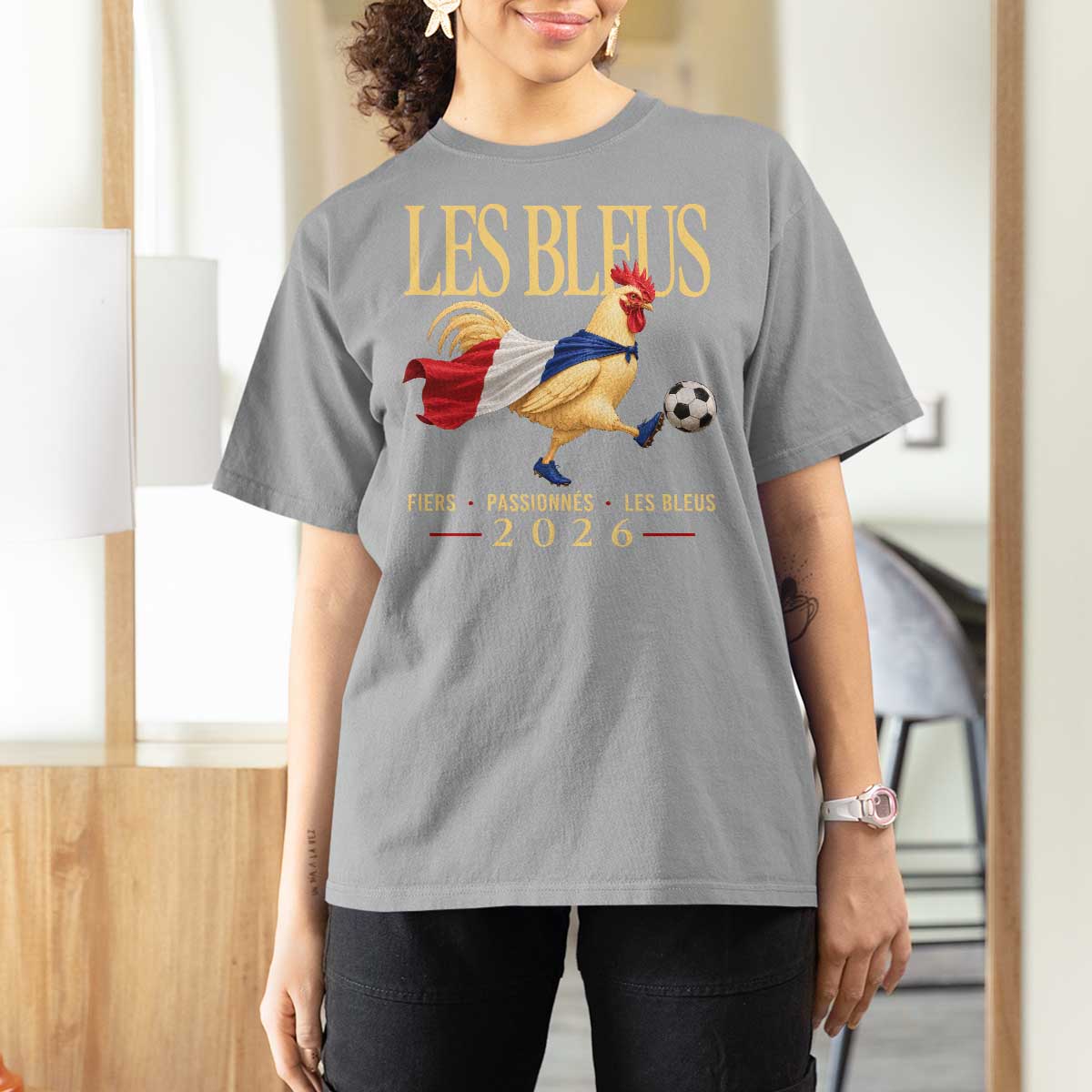 Les Bleus 2026 France Soccer T Shirt For Women Rooster Wearing French Flag Patriotic Football Fan Graphic
