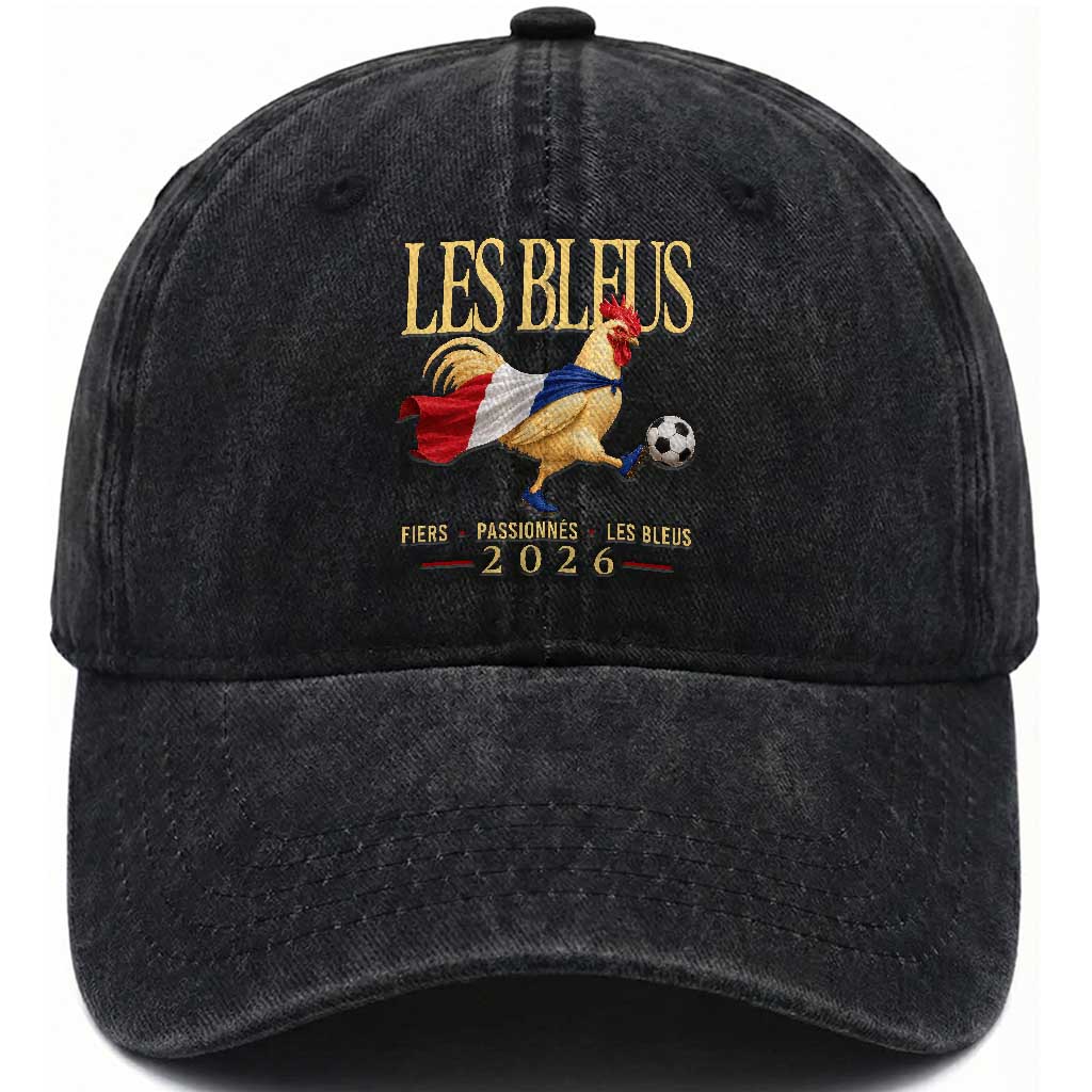 Les Bleus 2026 France Soccer Washed Cotton Baseball Cap Rooster Wearing French Flag Patriotic Football Fan Graphic