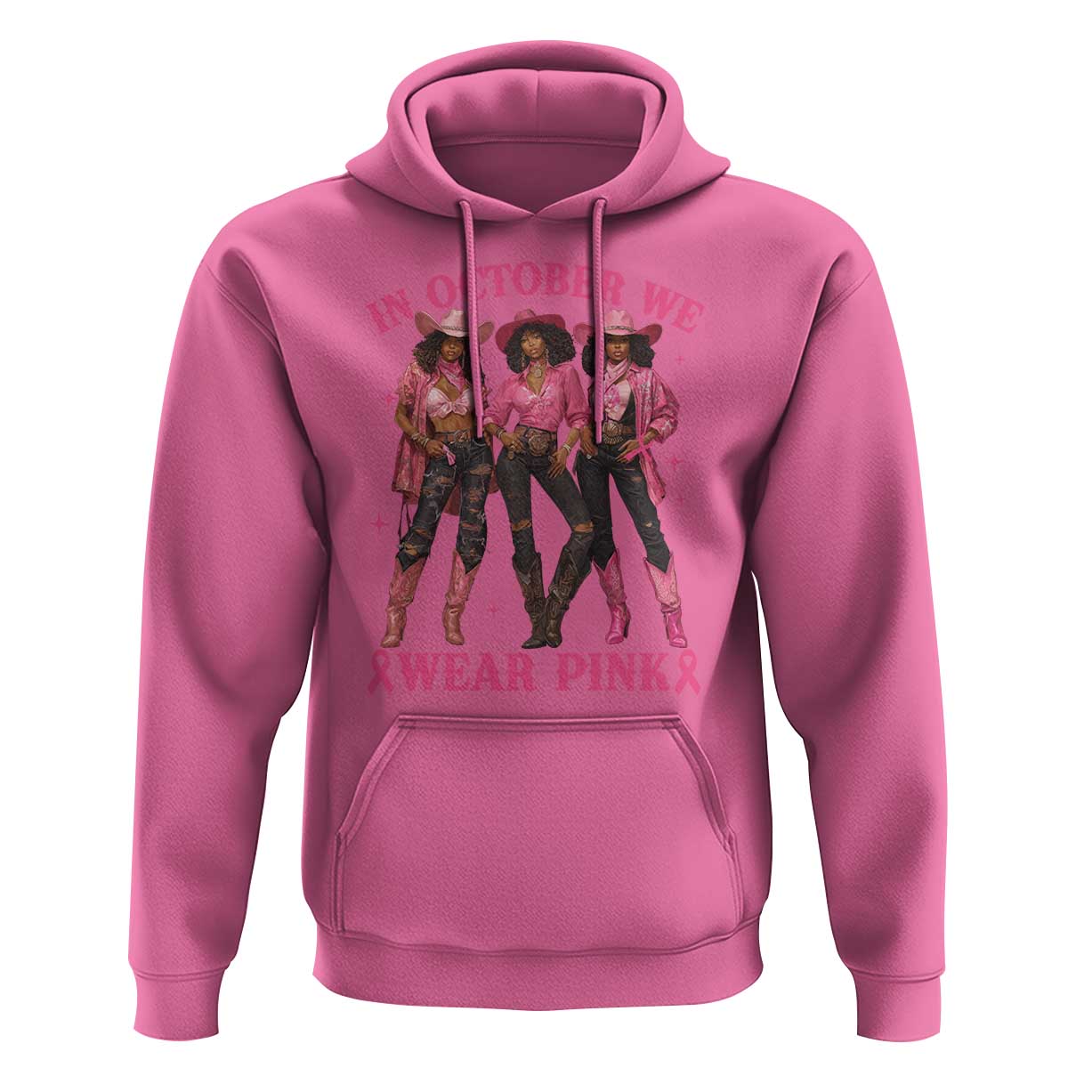 In October We Wear Pink Hoodie Breast Cancer Awareness Month Cowgirl Pink Ribbon - Wonder Print Shop