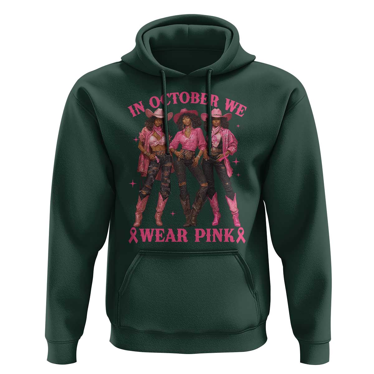 In October We Wear Pink Hoodie Breast Cancer Awareness Month Cowgirl Pink Ribbon - Wonder Print Shop