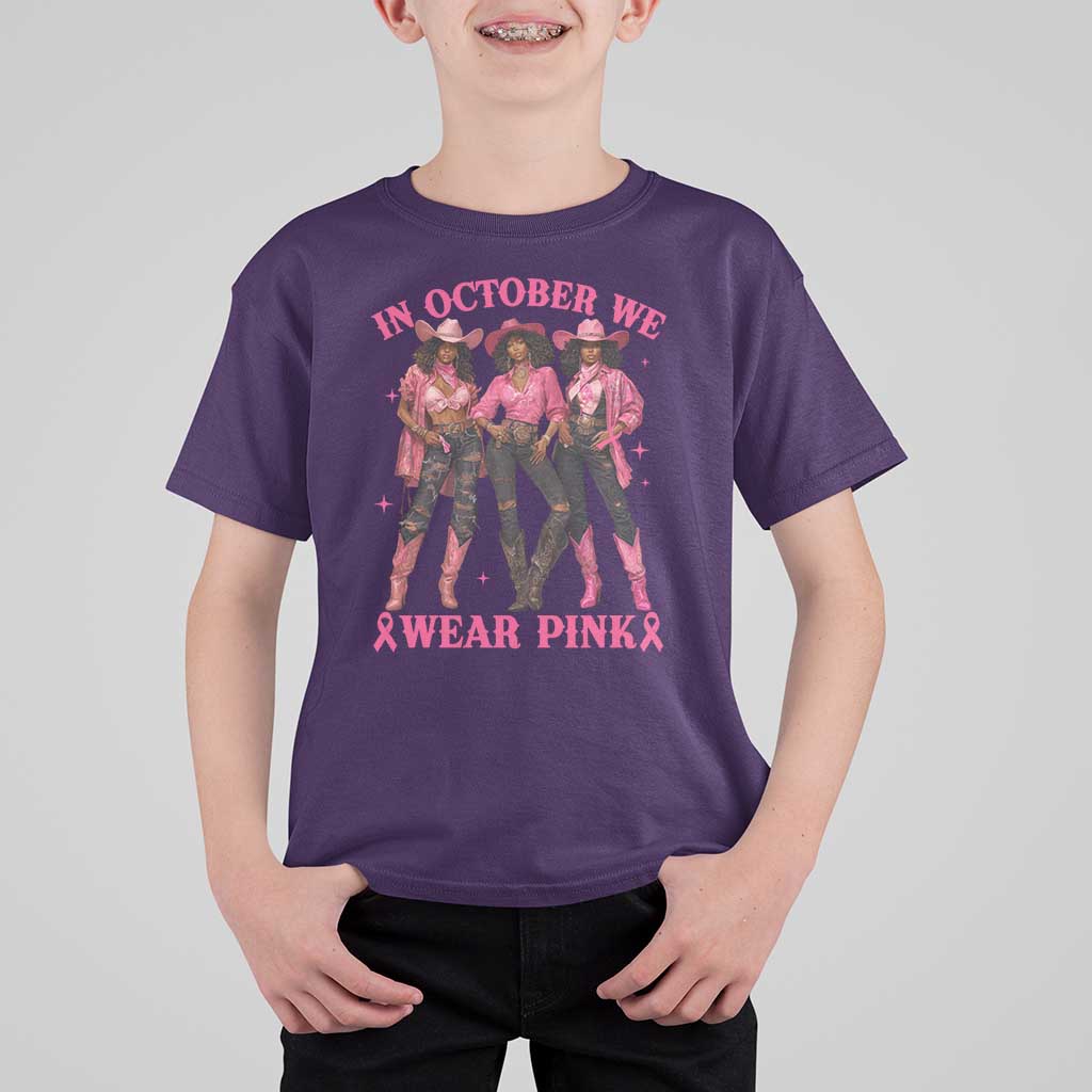 In October We Wear Pink T Shirt For Kid Breast Cancer Awareness Month Cowgirl Pink Ribbon - Wonder Print Shop