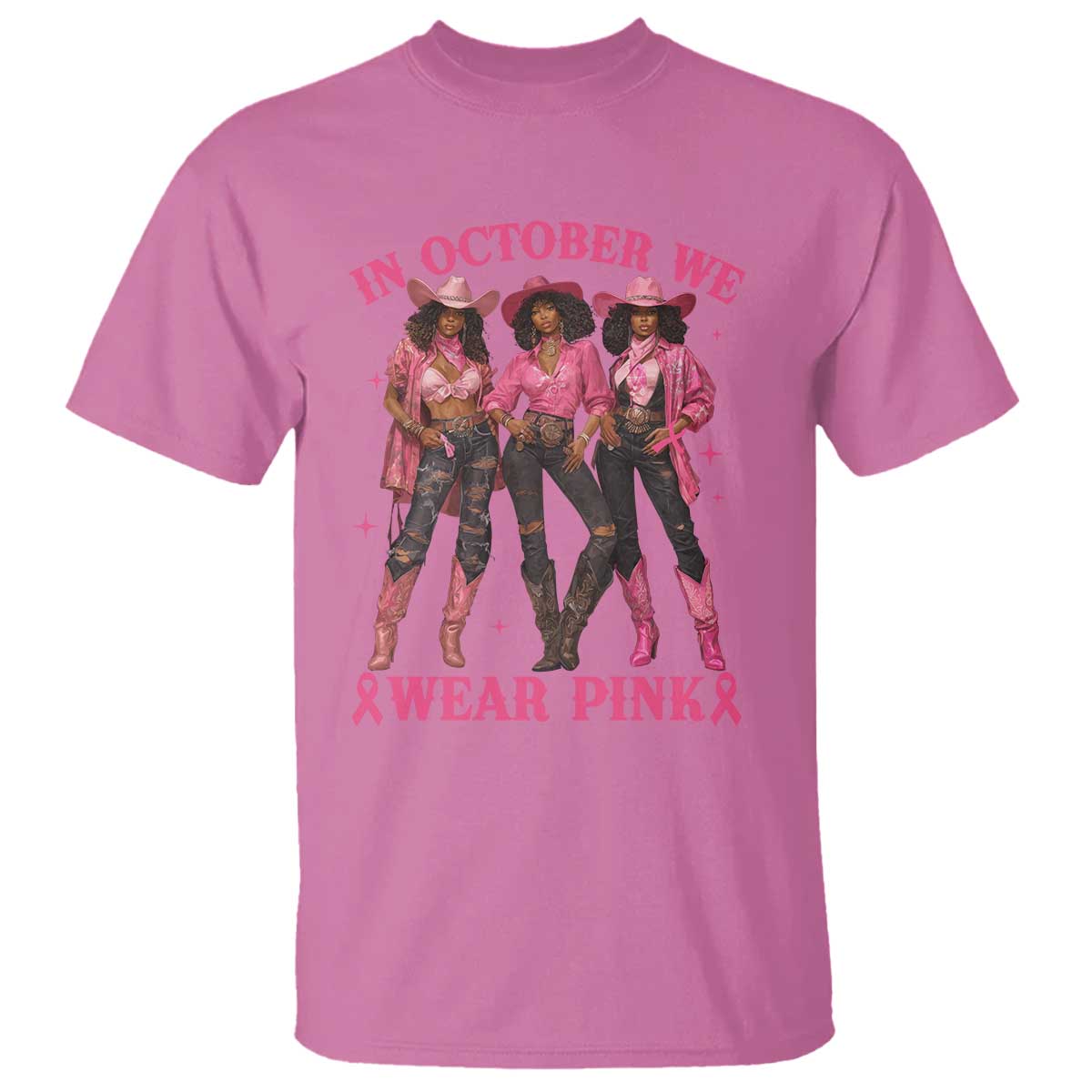 In October We Wear Pink T Shirt Breast Cancer Awareness Month Cowgirl Pink Ribbon - Wonder Print Shop