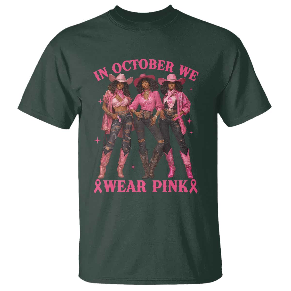 In October We Wear Pink T Shirt Breast Cancer Awareness Month Cowgirl Pink Ribbon - Wonder Print Shop