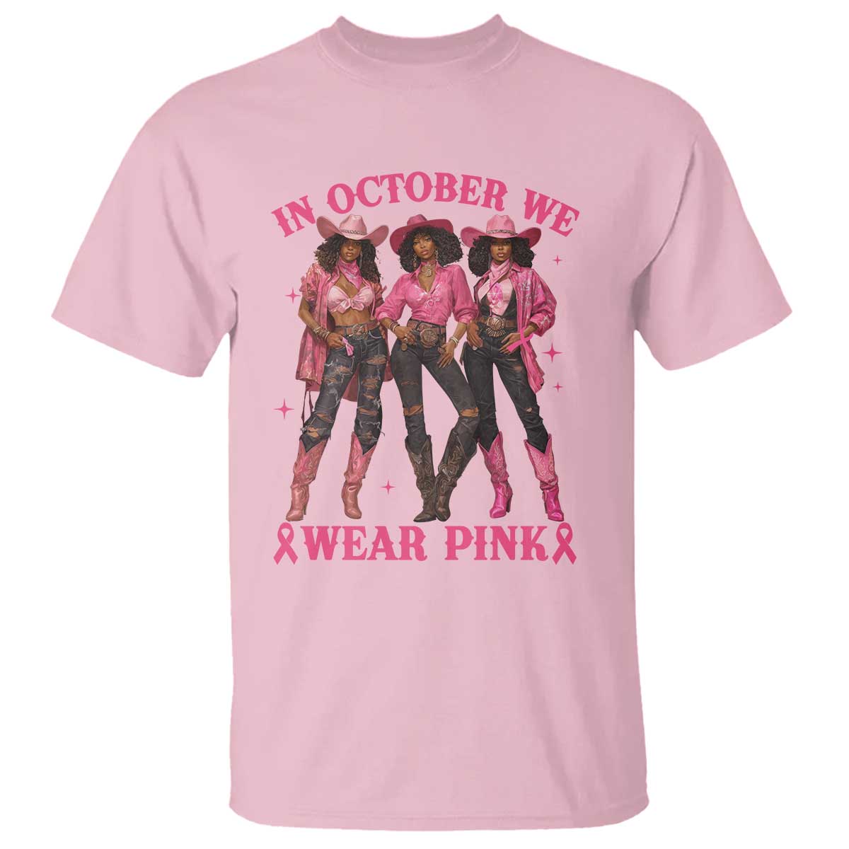 In October We Wear Pink T Shirt Breast Cancer Awareness Month Cowgirl Pink Ribbon - Wonder Print Shop