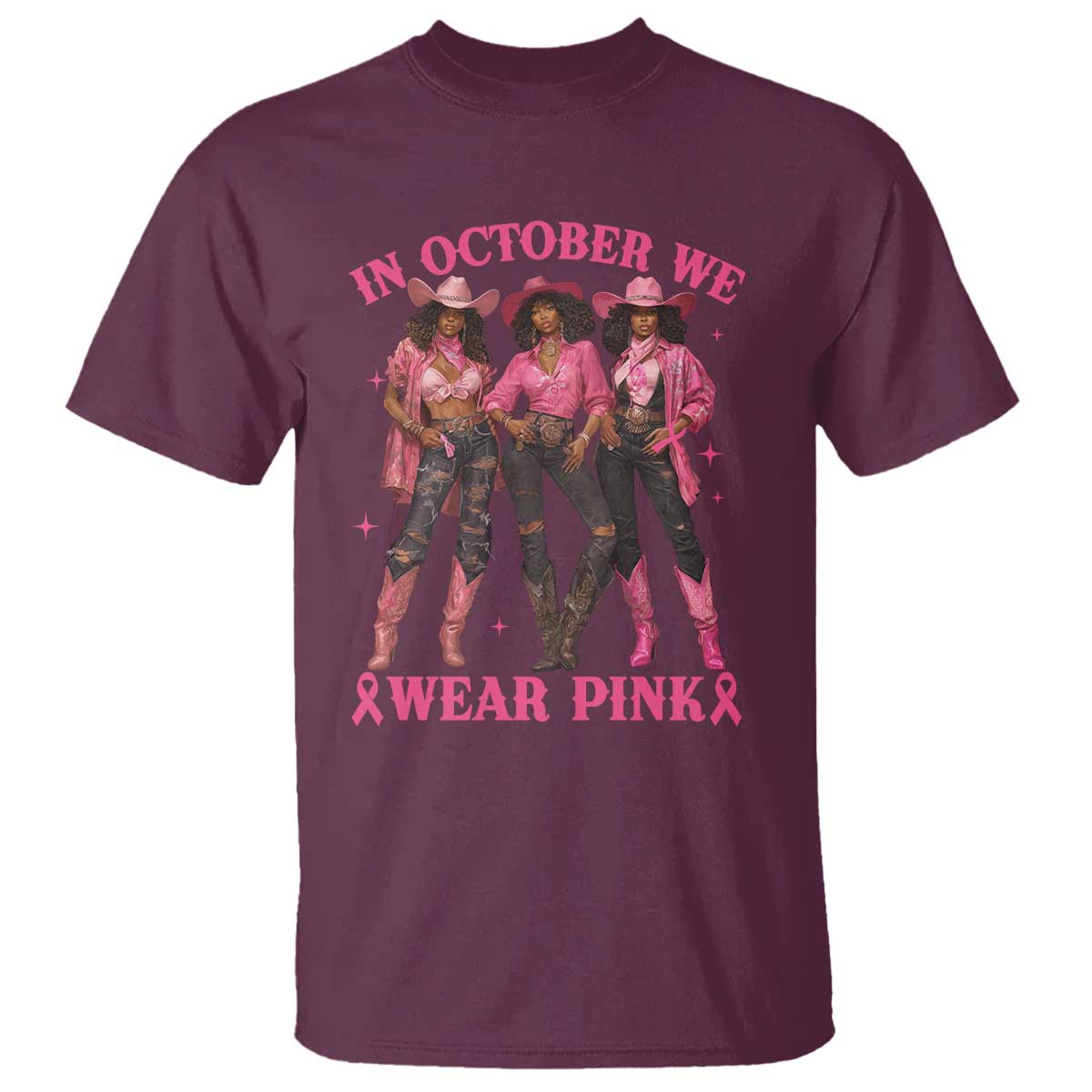 In October We Wear Pink T Shirt Breast Cancer Awareness Month Cowgirl Pink Ribbon - Wonder Print Shop