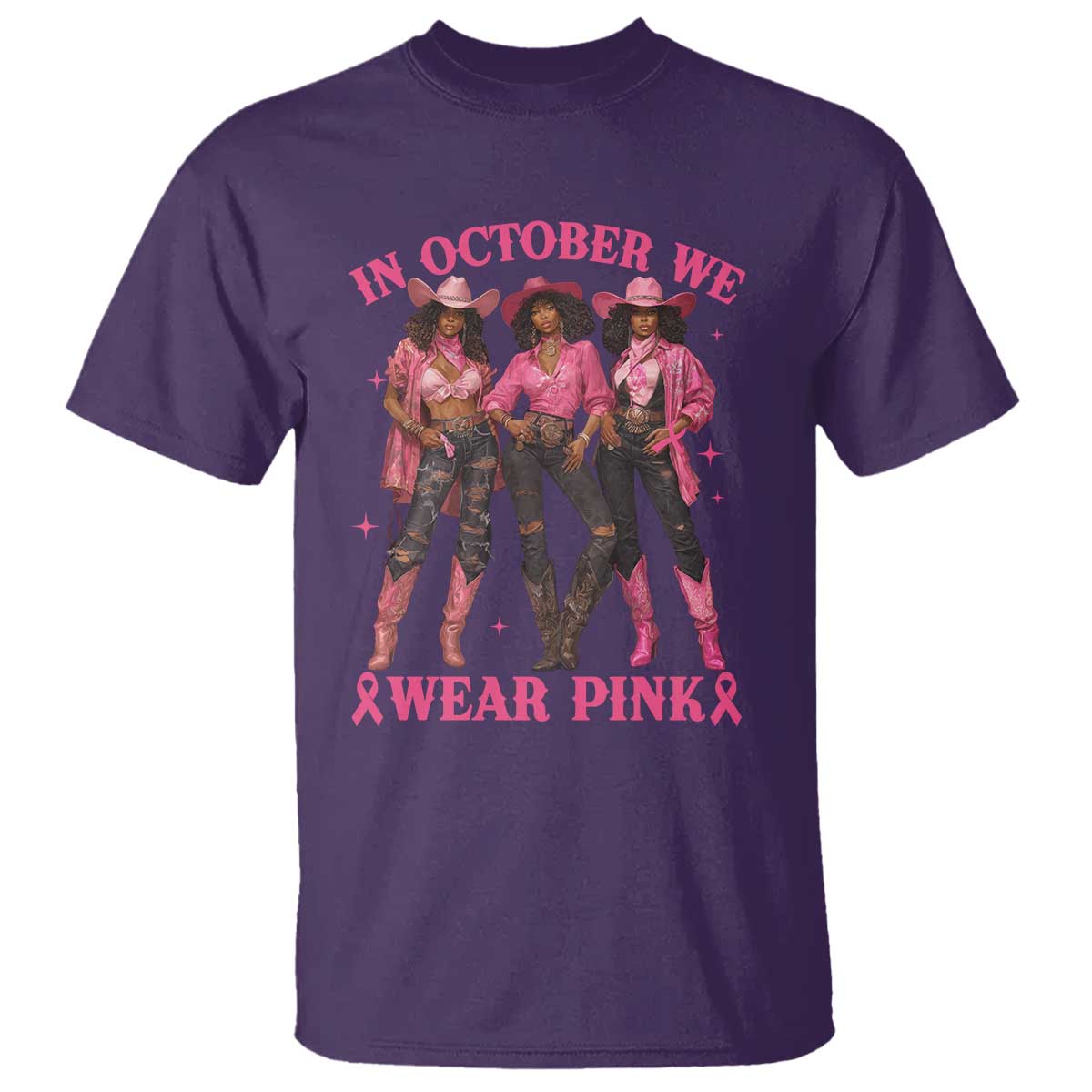 In October We Wear Pink T Shirt Breast Cancer Awareness Month Cowgirl Pink Ribbon - Wonder Print Shop
