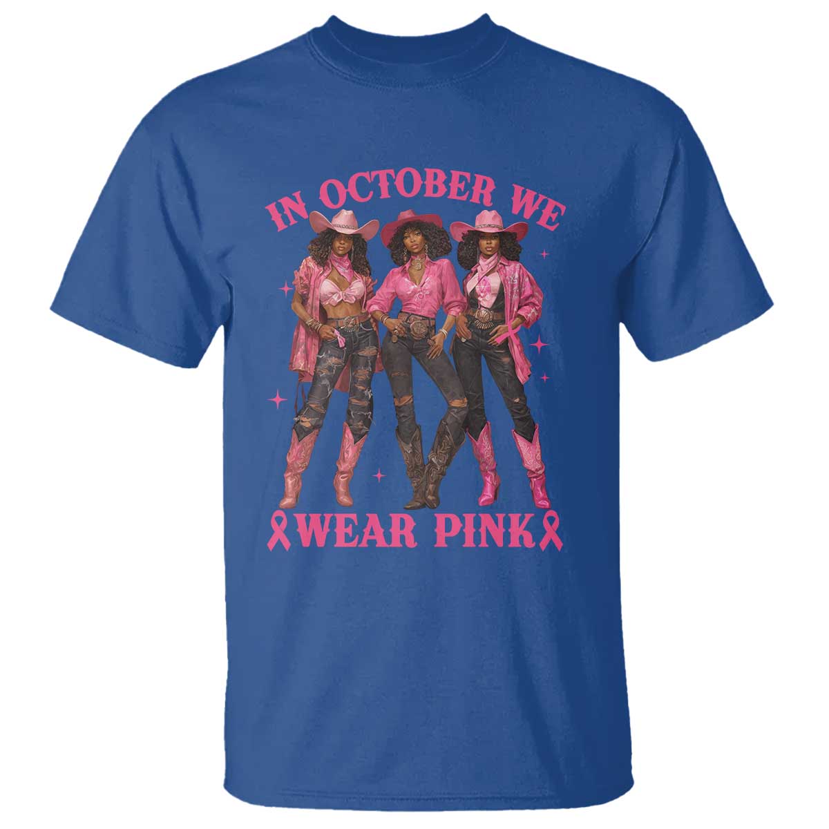 In October We Wear Pink T Shirt Breast Cancer Awareness Month Cowgirl Pink Ribbon - Wonder Print Shop